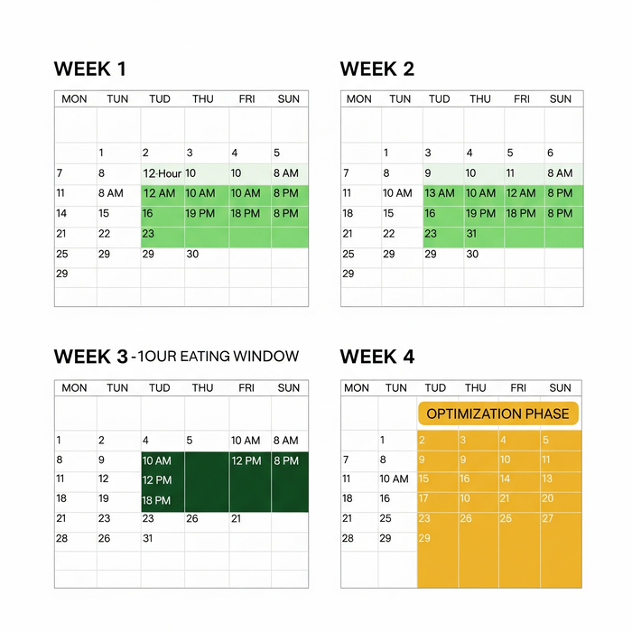 "4-week intermittent fasting beginner schedule showing progressive eating windows"